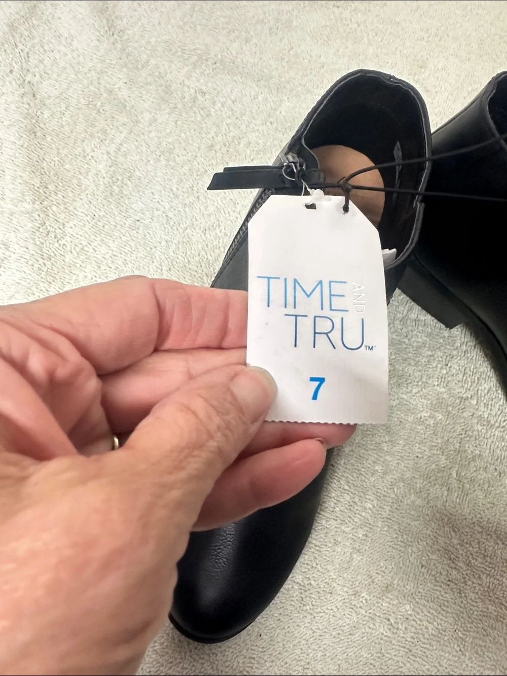 Time and Tru Black Faux Leather Ankle Booties with Low Block Heel